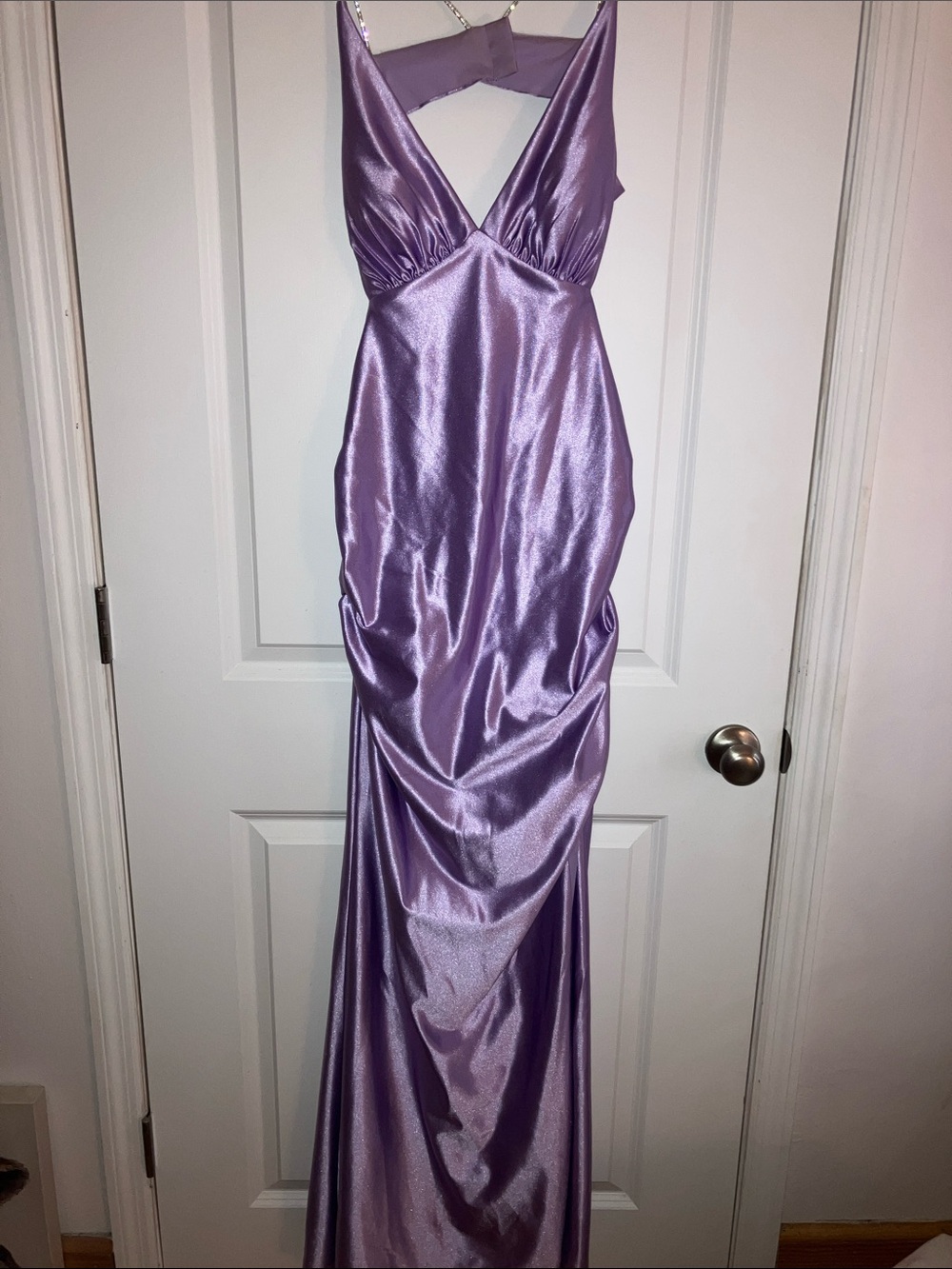 Lilac Satin V-Neck Prom Gown